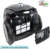 A black vacuum cleaner with its filter compartment open, showing the HEPA filter. A separate filter cover is placed next to it. Produktbild-Vorschau