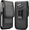 A black fabric phone case with a belt clip and carabiner is shown from two angles. Náhled obrázku produktu