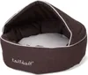 A brown pet bed with a white interior and trim, featuring a hooded design. Produktbild-Vorschau