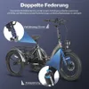 A marketing image of an electric tricycle with callouts highlighting its suspension features. Podgląd zdjęcia produktu