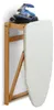 A blue iron rests on a wooden ironing board attached to a wall. Voir les images du produit