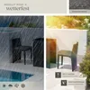 Collage showing a rattan furniture set in different weather conditions and highlighting its features. Náhled obrázku produktu