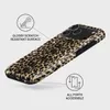 A leopard print phone case is shown from a diagonal angle, with callouts highlighting its features. Produktbild-Vorschau