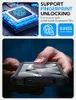 A person is using a smartphone with a protective case, while the top part of the image shows marketing graphics related to fingerprint unlocking. Produktbild-Vorschau