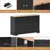 A collage of images showcasing a black sideboard with a wooden top, highlighting its features and components. Produktbild-Vorschau