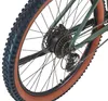 A close-up view of the rear wheel of a green electric mountain bike, showing the cassette, derailleur, and part of the tire. Produktbild-Vorschau