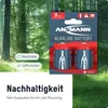 A product shot of ANSMANN alkaline batteries in a forest setting, with text overlays about sustainability. Náhľad obrázku produktu