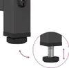 A close-up view of the adjustable foot of a black metal furniture leg, with an inset showing the screw mechanism for height adjustment. Produktbild-Vorschau