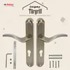 A product image showcasing a pair of bronze-colored door handles with accompanying hardware, set against a light beige and white background with subtle geometric patterns. Produktbild-Vorschau