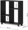A black shelving unit with wheels, shown with dimensions indicated by measurement lines and text. Náhled obrázku produktu