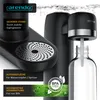 A close-up view of a black Arendo water carbonator with a clear bottle and a water droplet graphic. Produktbild-Vorschau