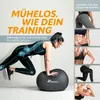 A woman is performing an exercise on a TRESKO gym ball, with various smaller images on the right showing different body parts being trained. Produktbild-Vorschau