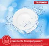 A white plate being splashed with water, with bubbles and a blue background. There is a logo and text overlay. Produktbild-Vorschau