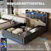 A bed with storage, featuring LED lighting and a remote control. Produktbild-Vorschau