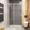 A modern bathroom with a sliding shower door, toilet, and towel warmer. Produktbild-Vorschau
