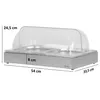 A silver chafing dish with a clear plastic lid, shown with dimensions indicated by measurement lines and text. Náhľad obrázku produktu