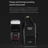 A Godox TT685IIS flash unit and its PB960 power pack are shown against a dark background, with marketing text describing their features. Produktbild-Vorschau