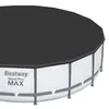 A close-up, angled view of a round above-ground swimming pool with a black cover. Produktbild-Vorschau