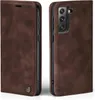 Two views of a brown leather flip case for a smartphone, showing the front and back. Produktbild-Vorschau