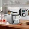 A toaster is shown on a kitchen counter with some jars and fruit in the background. A close-up inset highlights the LED display and controls. Podgląd zdjęcia produktu