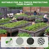 A garden scene with raised garden beds and people tending to plants. Four circular diagrams at the bottom show different types of netting. Voir les images du produit