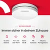 A smoke detector is shown mounted on a ceiling, with marketing text and feature icons below. Produktbild-Vorschau