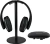 A pair of black wireless headphones on a black stand, next to a black transmitter base. Produktbild-Vorschau