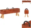 A vintage-style pommel horse bench with leather upholstery and wooden legs, presented from multiple angles against a white background. Voir les images du produit