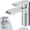 A chrome faucet and pop-up drain assembly are shown against a white and light gray background. Produktbild-Vorschau