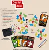 A flat lay of the Ubongo! 3-D Family board game components, including game pieces, cards, a die, and a sand timer, arranged on a light beige background. Produktbild-Vorschau
