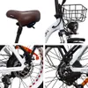 A collage of four close-up images of an electric bicycle, highlighting its seat, front basket and light, rear wheel hub motor and disc brake, and rear derailleur and cassette. Produktbild-Vorschau