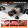 Close-up of a meat slicer's thickness adjustment knob and controls, with images of sliced meats at different thicknesses below. Produktbild-Vorschau