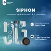 A collection of white plumbing parts, likely for a sink, arranged on a blue and teal gradient background with text overlays. Produktbild-Vorschau