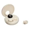 A pair of beige wireless earbuds and their charging case are displayed against a white background. The charging case is open, revealing one earbud inside and a digital display showing '100'. Another earbud is placed outside the case. Produktbild-Vorschau