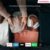 A person is packing a suitcase with clothes, headphones, and a streaming stick. The bottom of the image shows logos of various streaming services. Produktbild-Vorschau