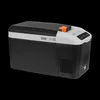 A black and white portable cooler with an orange handle and a control panel on top, set against a black background. Produktbild-Vorschau