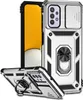 A silver phone case with a camera slider and ring holder is displayed on a white background. Another phone case is shown in the foreground, angled to reveal its features. Produktbild-Vorschau