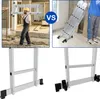 A collage of images showing a multi-purpose ladder in different contexts, including a construction site and an indoor setting, with close-ups of the ladder's base. Produktbild-Vorschau