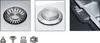 A collage of three close-up images of a sink drain and its components, along with four icons representing product features. Produktbild-Vorschau