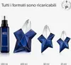 Multiple sizes of Thierry Mugler Angel Elixir perfume bottles are displayed on a white background, with text indicating they are refillable. Produktbild-Vorschau