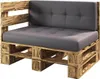 A corner sofa made from wooden pallets with gray cushions, shown against a white background. Produktbild-Vorschau