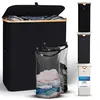 A black laundry basket with a bamboo rim, open lid showing laundry, and two transparent laundry bags with clothes inside. Several smaller images of the laundry basket are shown on the right side. Produktbild-Vorschau