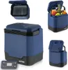 A collage of images showing a blue and black portable cooler from different angles, including one filled with fruit and drinks, and another showing its control panel. Náhled obrázku produktu
