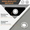 Close-up of a grey tarp showing reinforced corners and aluminum eyelets with descriptive text. Produktbild-Vorschau
