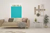 A living room scene with a sofa, window blinds, a coffee table, and wall decor. Produktbild-Vorschau