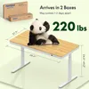 A panda sits on a white and bamboo standing desk, with dimensions and weight capacity indicated. Produktbild-Vorschau