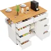A kitchen island with drawers and a fold-out countertop. Voir les images du produit