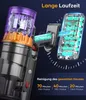 A close-up marketing image of a cordless vacuum cleaner with a battery pack and text highlighting its features. Produktbild-Vorschau