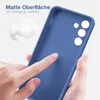 A hand is touching a blue phone case, highlighting its matte surface and soft grip. Produktbild-Vorschau