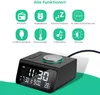 A black digital alarm clock with a display showing the time and temperature, surrounded by icons representing its features. Produktbild-Vorschau